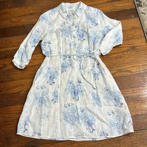 MALVIN Hamburg Germany white linen shirt dress blue floral Women’s size Medium
